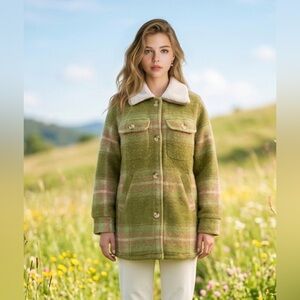 Joe Fresh Green Plaid Sherpa-Collar Pea Coat